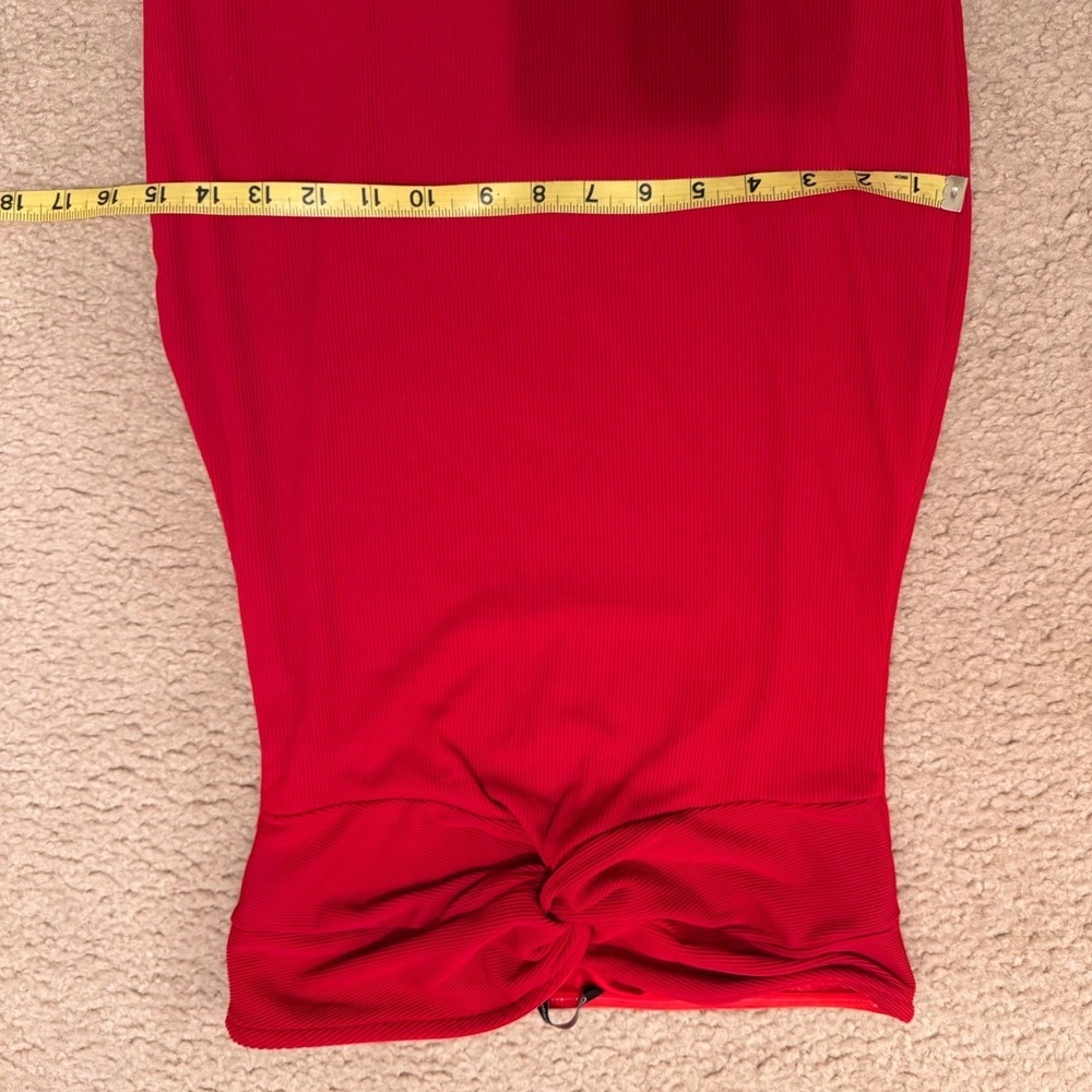 Romantic Red Strapless Twist Front Midi Dress Ribbed Day to Night Date Sz M - Picture 9 of 14